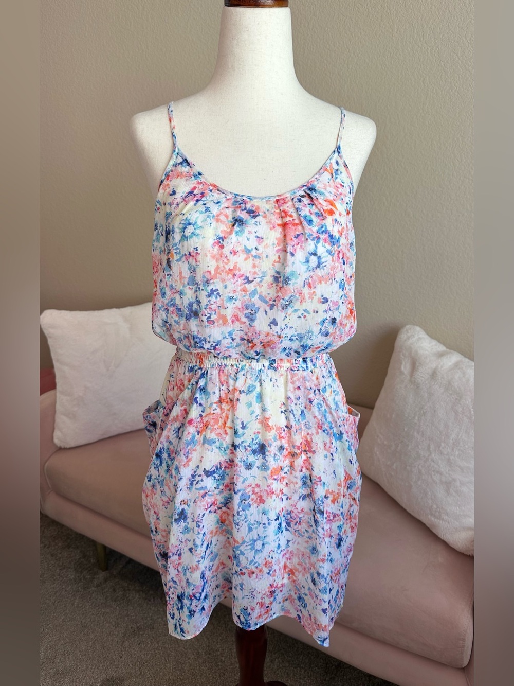 GUESS VTG Mini Dress Sheer White Colorful Floral Side Pockets Spaghetti Straps S